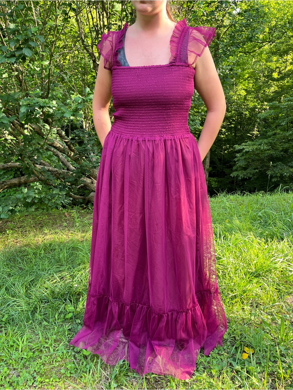 Women's Fuchsia Maxi Dress with Ruffled Shoulders